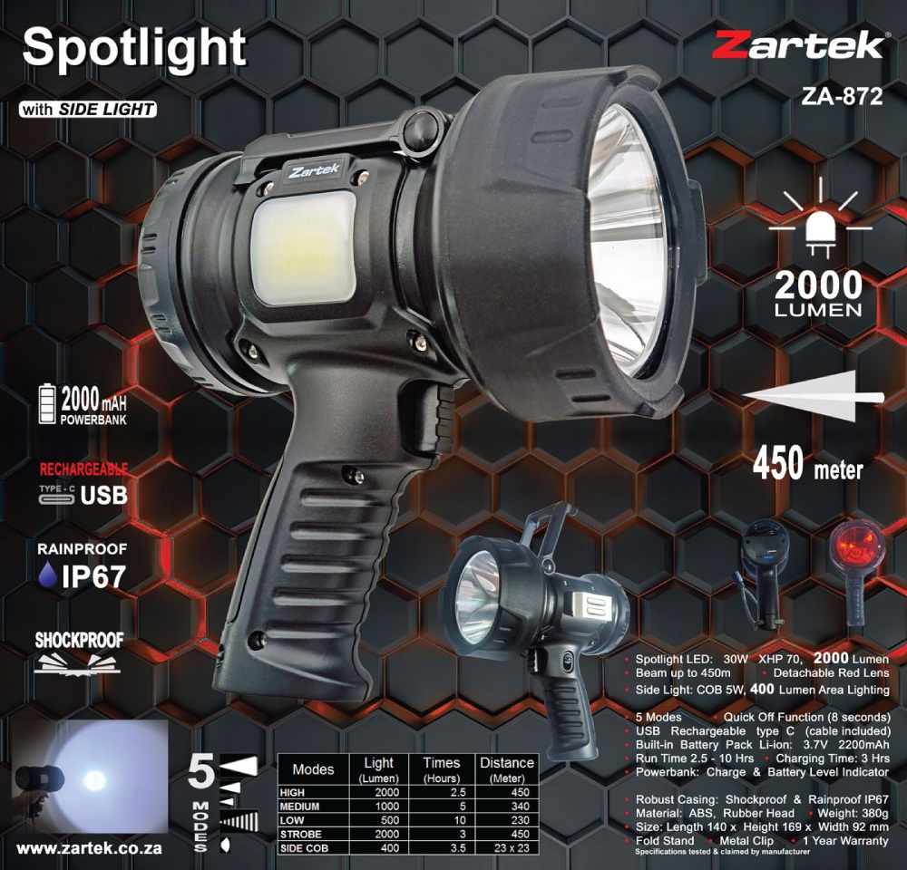Zartek ZA-872 2000 Lumen USB-C Rechargeable LED Spotlight