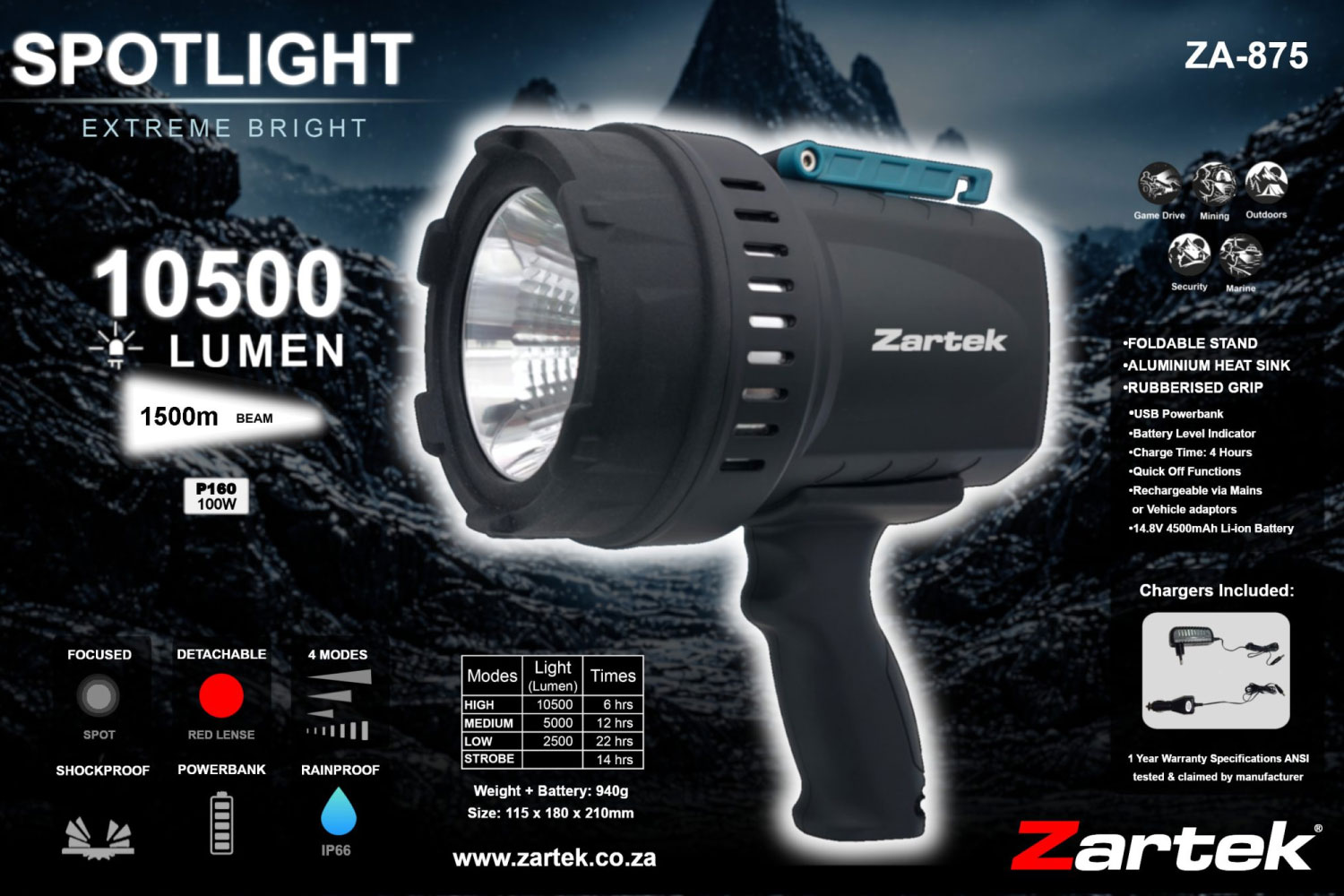 Zartek ZA-875 10,500 Lumen Rechargeable Spotlight – 1,500 m Beam, IP66