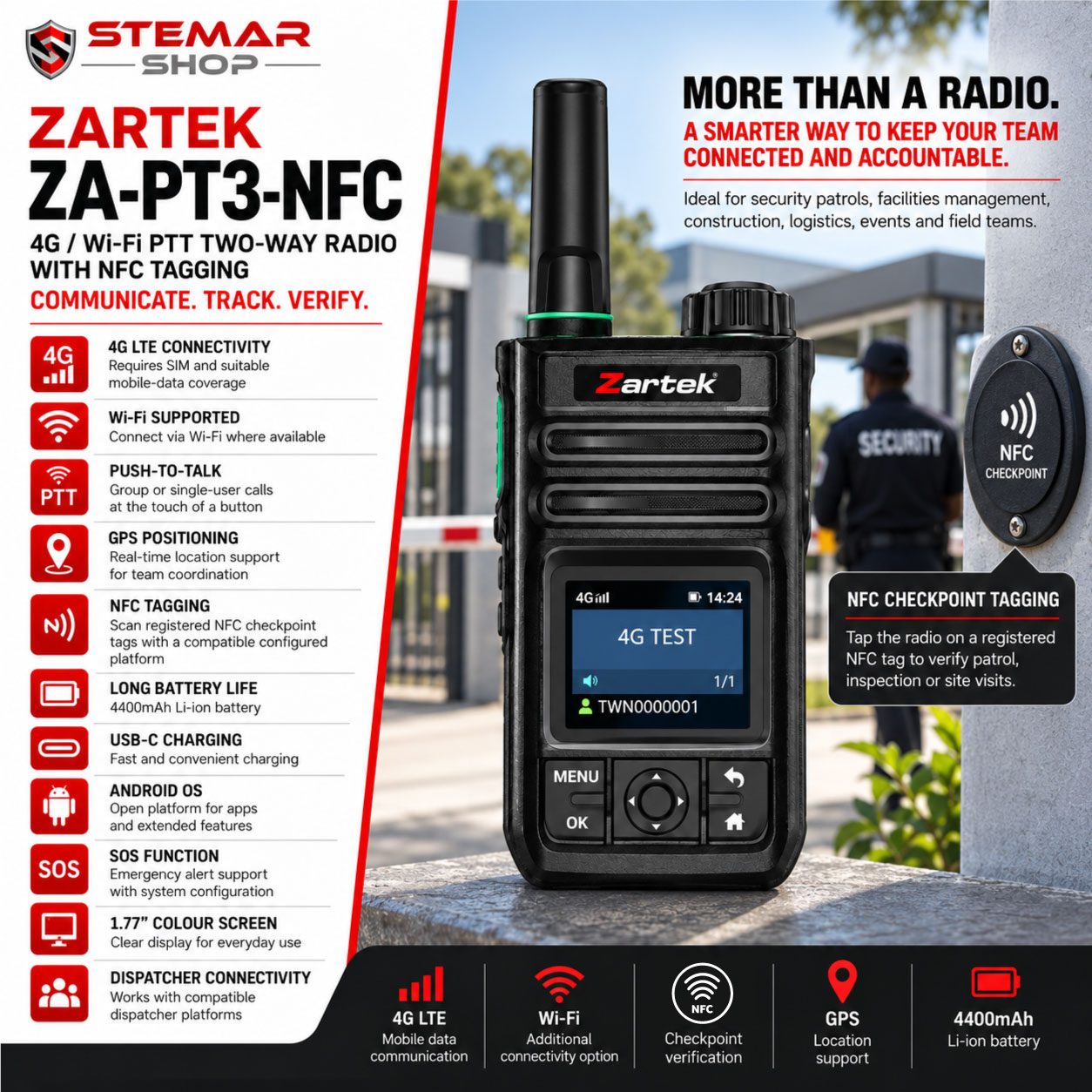 Zartek ZA-PT3-NFC PTT radio lifestyle image with features
