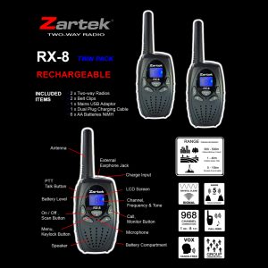 Zartek RX-8 Twin Pack Rechargeable Two-Way Radios